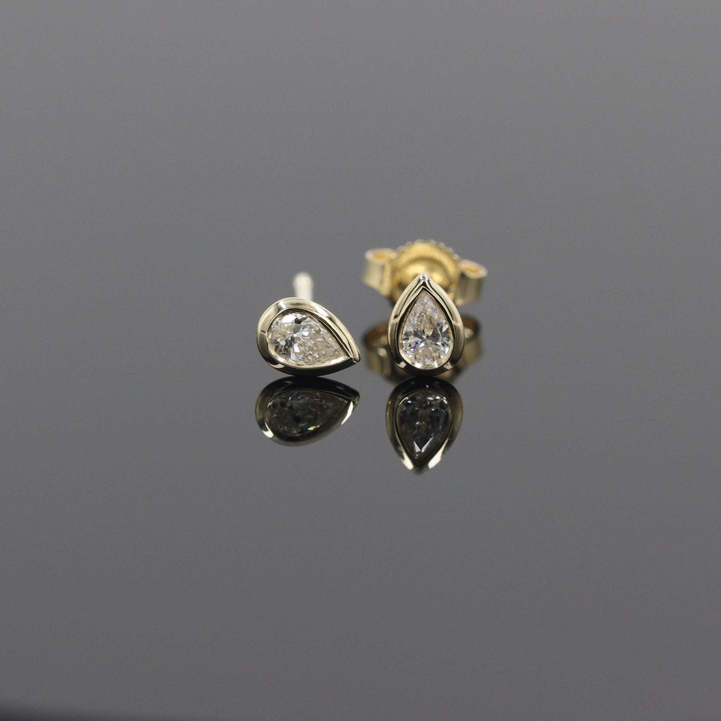 Handmade Pear Natural Diamond Stud Earrings: 14k Gold Bezel Set / Anniversary gift