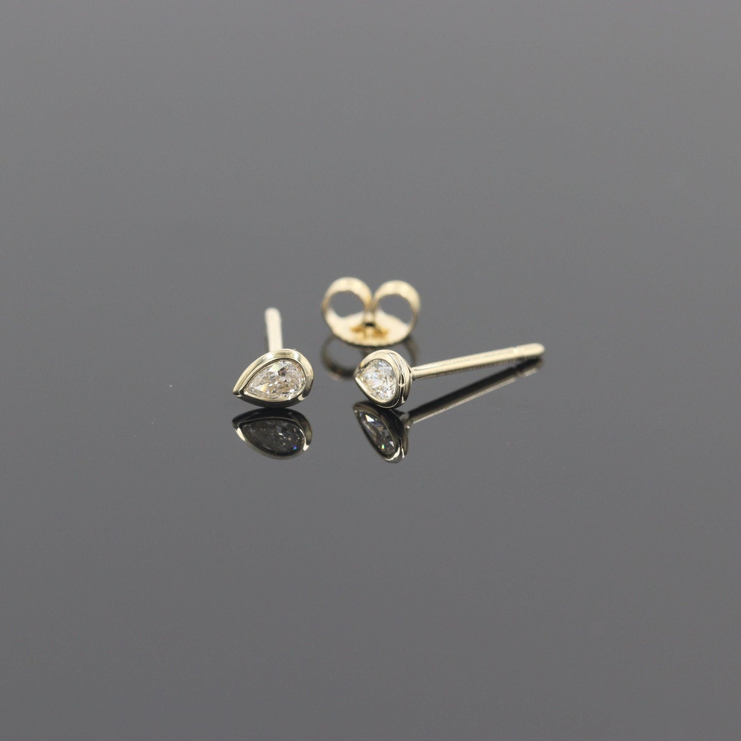 Handmade Pear Natural Diamond Stud Earrings: 14k Gold Bezel Set / Anniversary gift