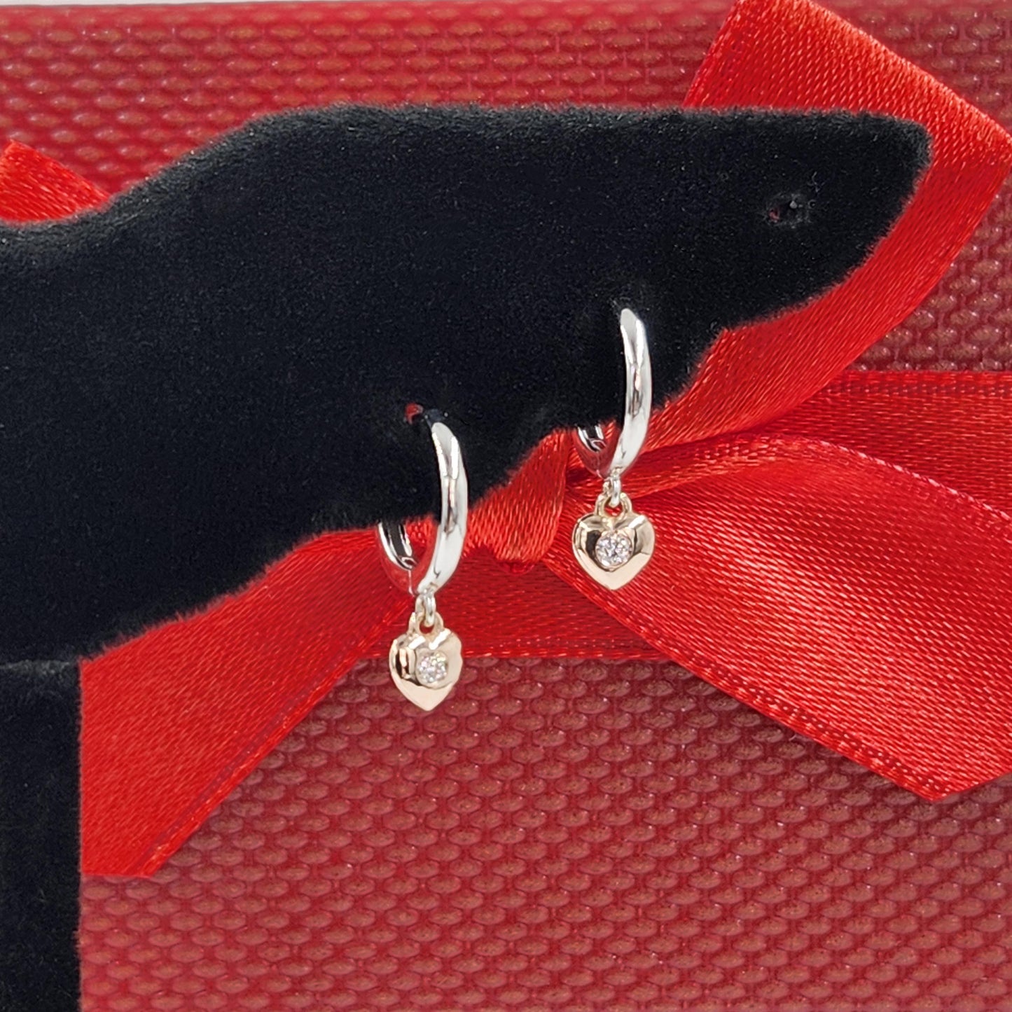 Natural Diamond Small Heart  Charm with Gold Hoop Earring/14K gold Diameter 9.9mm Hoop Earring/Hoop Dangle Earrings/Anniversary gift
