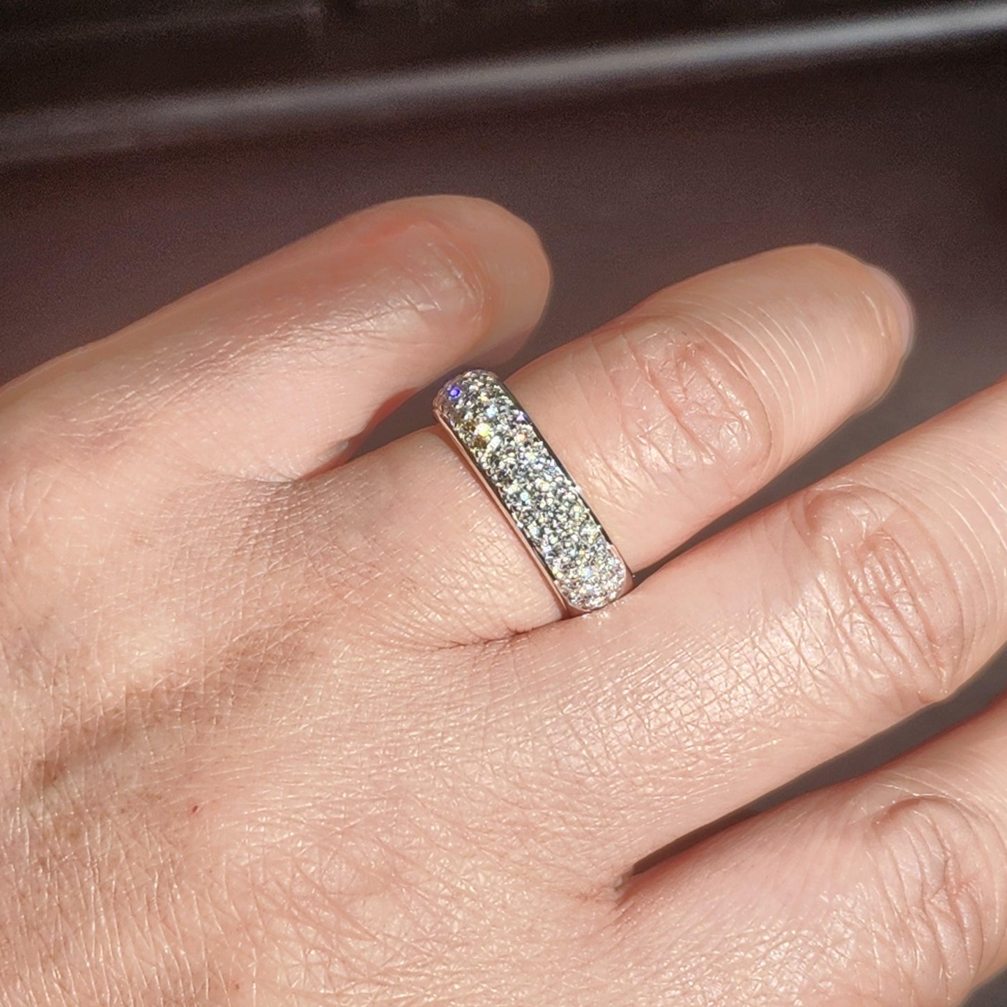 14K Gold 3 Row  Natural Diamond Wedding Band:  6.5mm Width Pave Anniversary Ring- Anniversary Gift