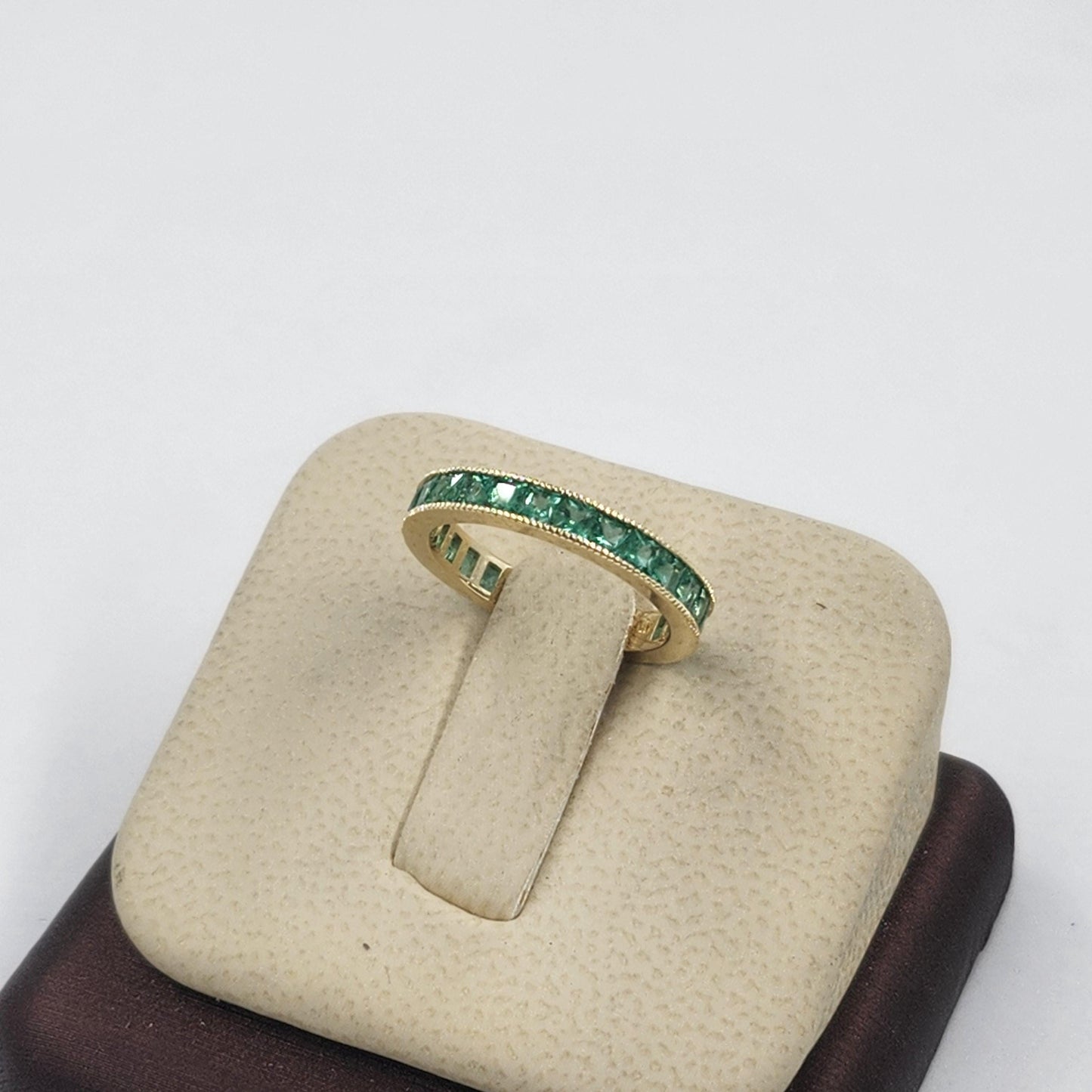 Emerald Eternity Ring, 18K Gold Princess Cut Green Gemstone Band