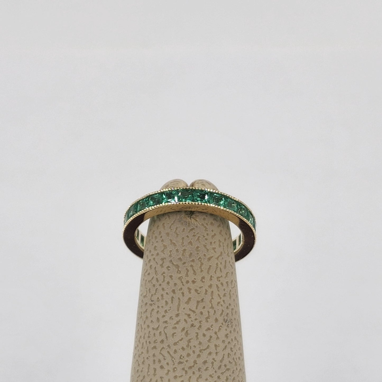 Emerald Eternity Ring, 18K Gold Princess Cut Green Gemstone Band