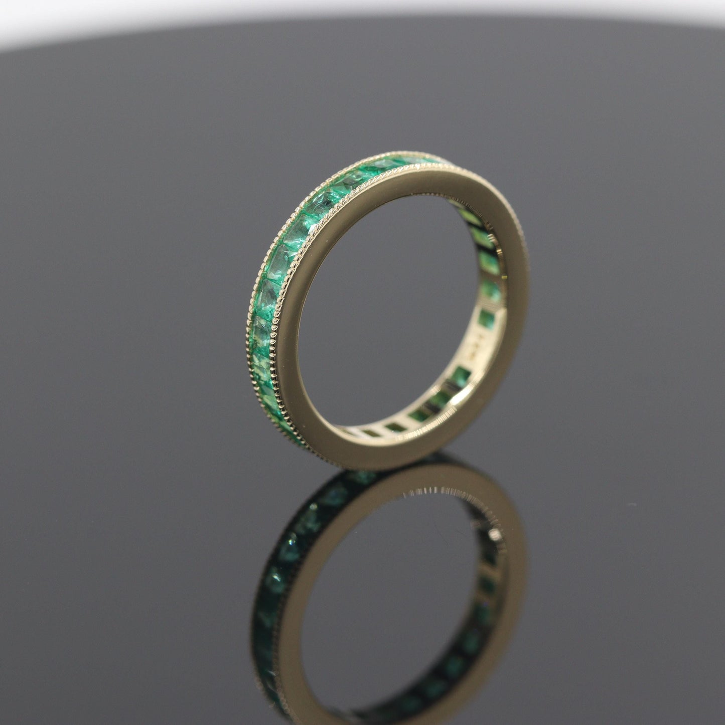 Emerald Eternity Ring, 18K Gold Princess Cut Green Gemstone Band