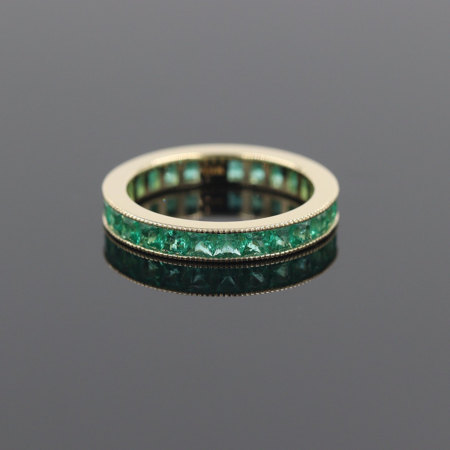 Emerald Eternity Ring, 18K Gold Princess Cut Green Gemstone Band
