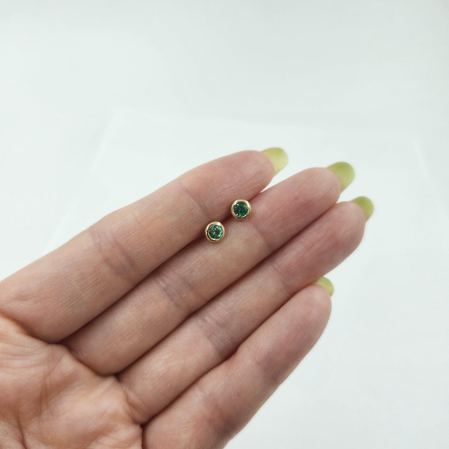 14K Gold Diamond Cut Natural Round Emerald Bezel Set Jacket Earrings: 3.0mm Round Emerald Bezel Set Studs - Anniversary gifts