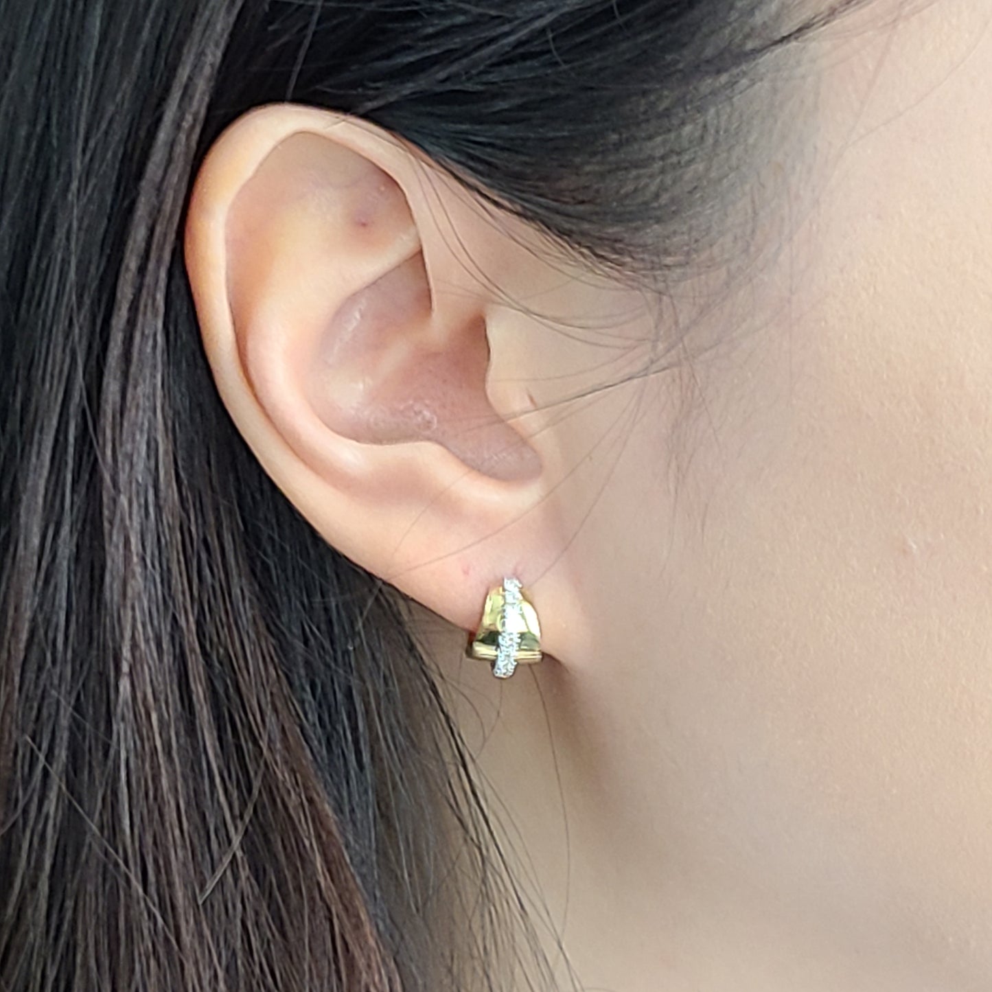 14K  Diameter 12mm Diamond Earrings/Two Tone gold Diamond Hoop Earrings/Diamond Huggie Hoops/Anniversary gift/Diamond Earrings/Gift for her