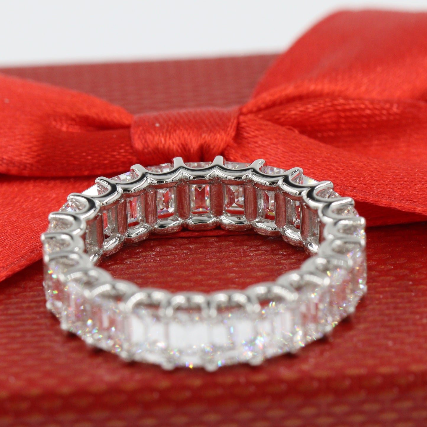 6ct Emerald Cut Diamond Platinum Ring/Stackable Emerald Cut Diamond U Shape Wedding Band/Full Eternity Wedding Ring/Anniversary gift