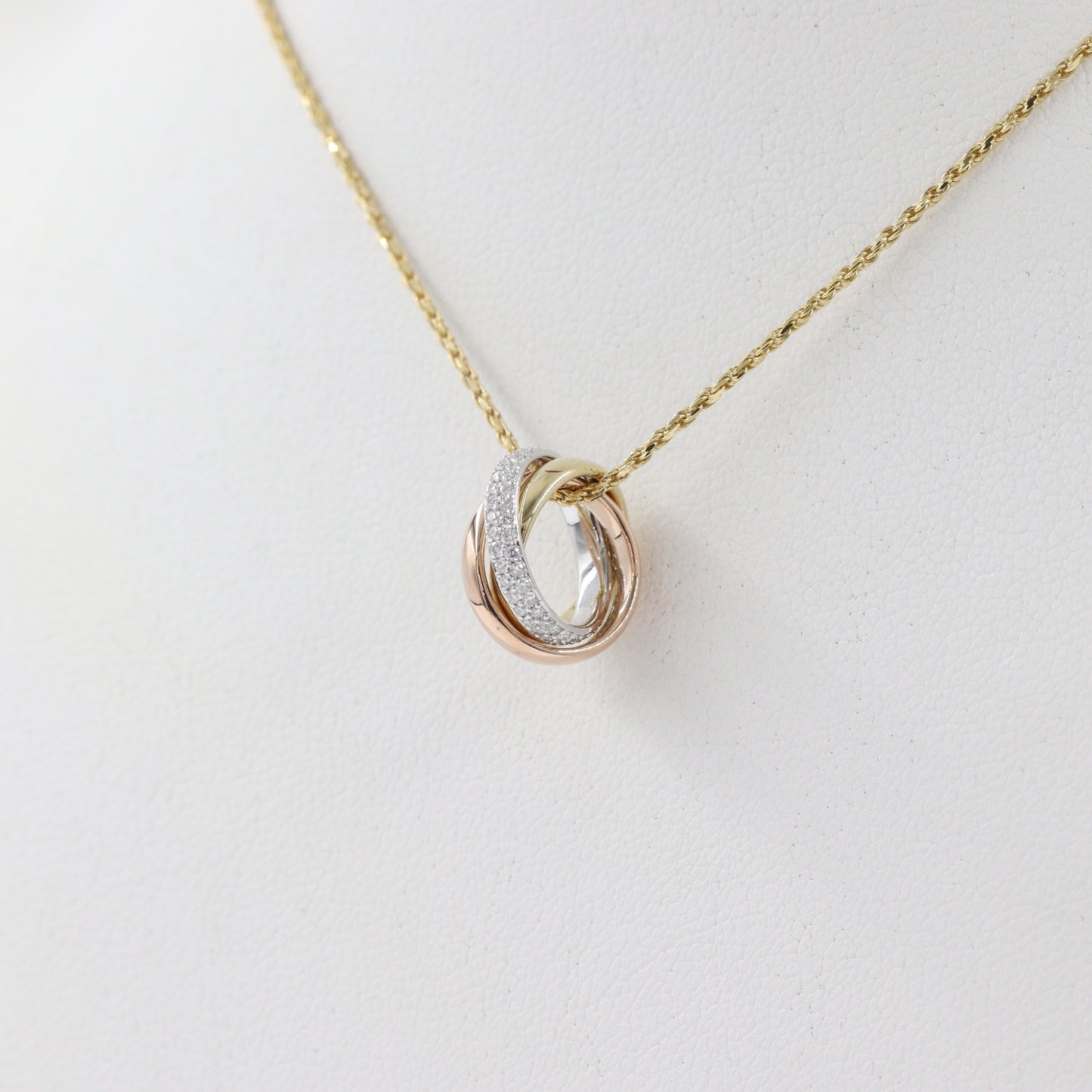 Trinity Diamond Necklace with Rope Chain/ Small Circle Pendant /14K Gold Necklace/ Luxury Necklace/ Gift for Her/ Anniversary Gift