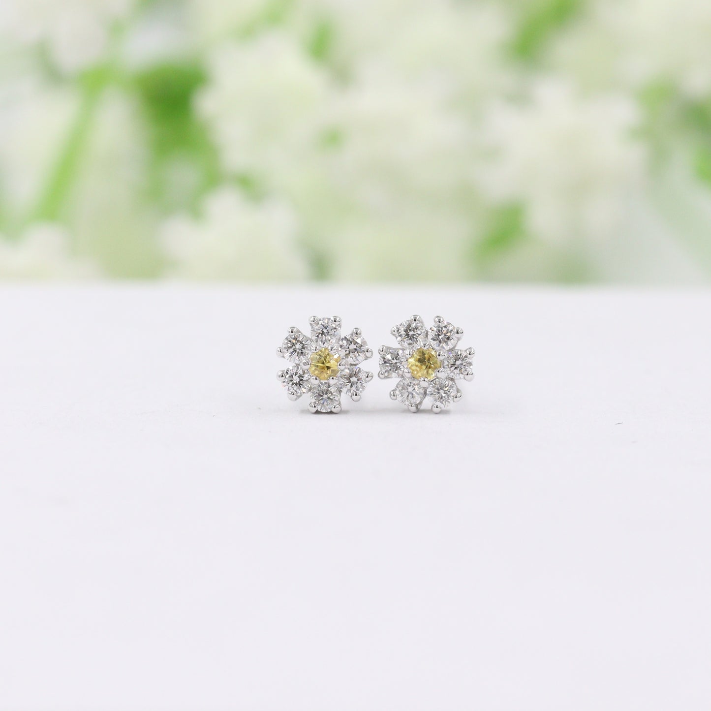 Diamond Stud Earring /Natural Yellow sapphire, White Diamond flower Stud Earring Small/ Anniversary gift Gift for her Flower Stud Earring