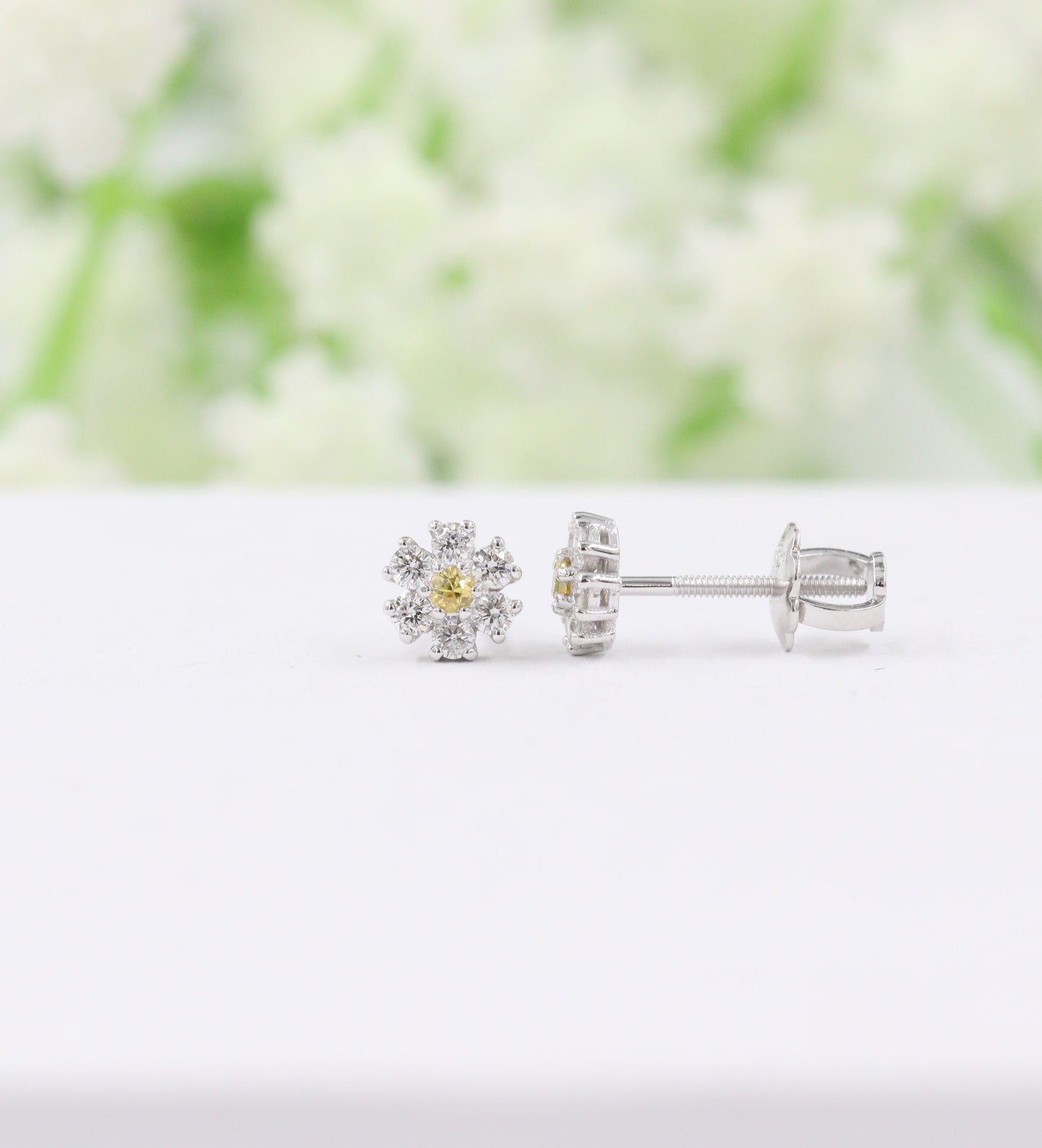 Diamond Stud Earring /Natural Yellow sapphire, White Diamond flower Stud Earring Small/ Anniversary gift Gift for her Flower Stud Earring