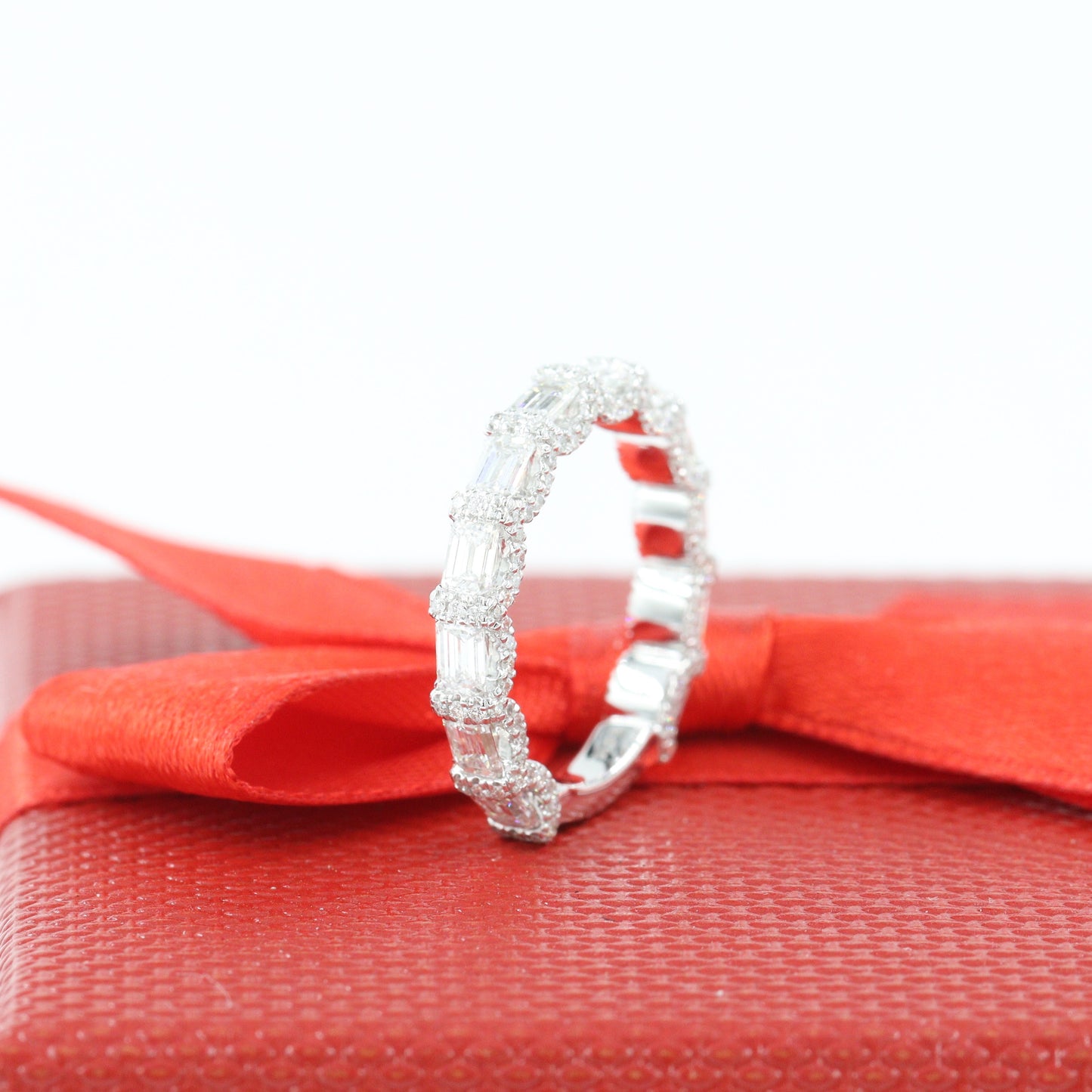Emerald Cut Diamond Ring/Unique U Shape Diamond Pave/ Eternity Wedding Ring /  Special Anniversary gift Ring / Width3.3mm