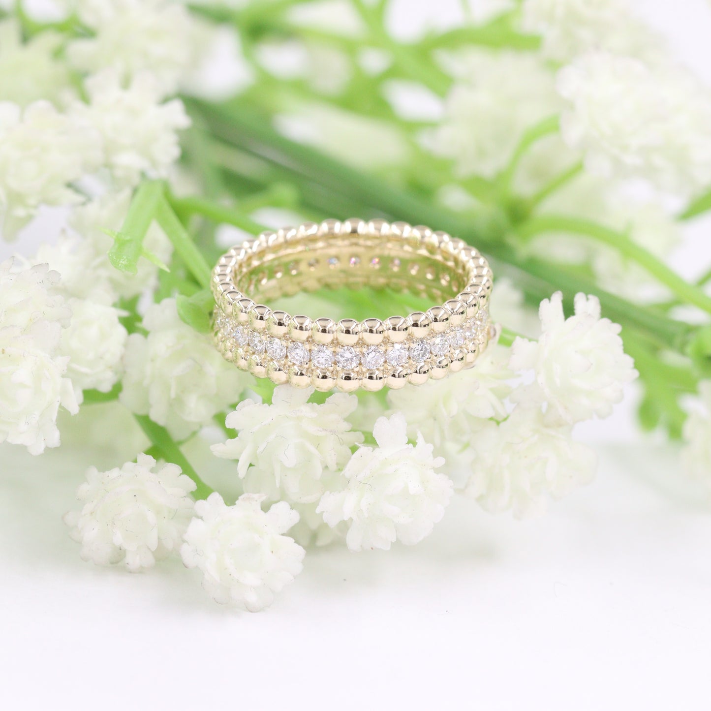 Diamond Eternity Ring/ Stackable Double Bead Ring/ Delicate Full Diamond Bead Wedding Band/ Diamond Anniversary Ring/ Gift for her