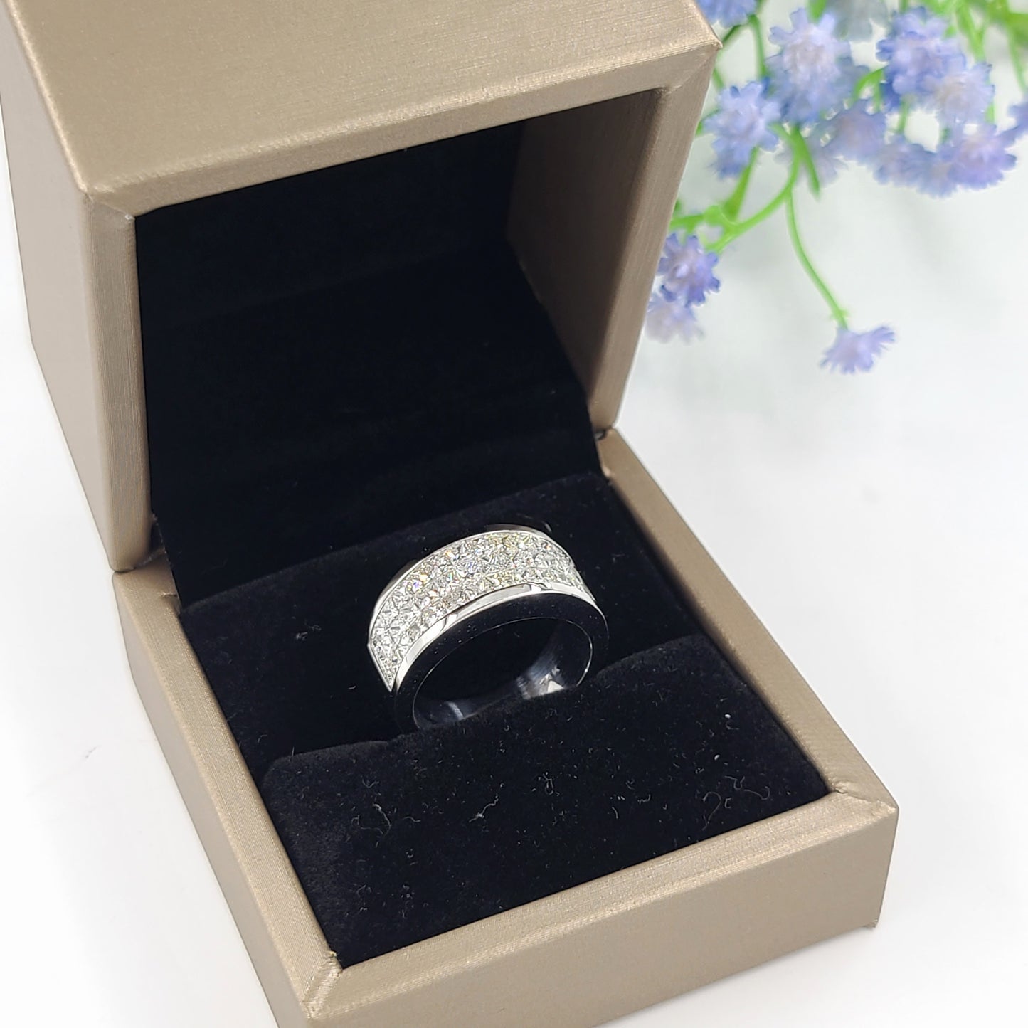 3 Row Invisible Set 3.15ct Diamond Ring / Brilliant Half Diamond Anniversary Ring / Princess Cut Diamond Three Row Ring