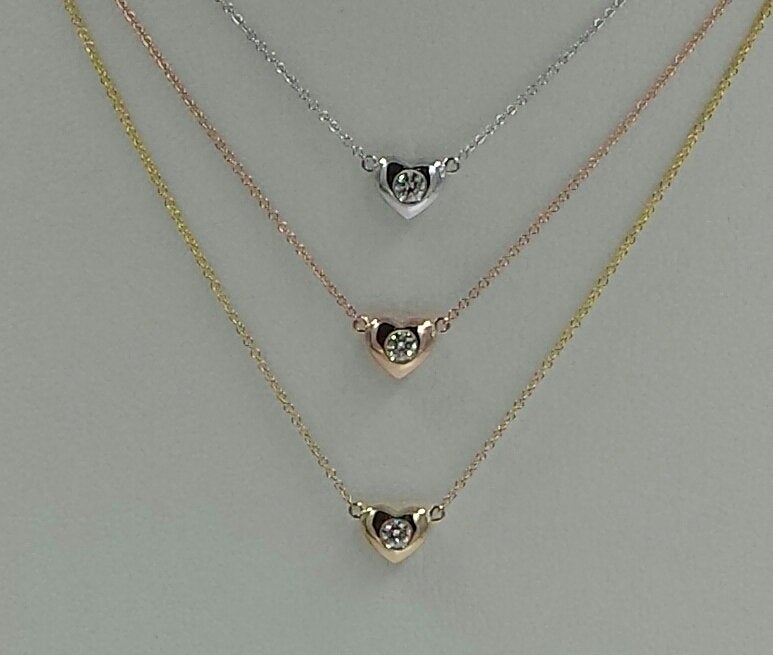 Solid Heart Pendant/14K Solid Gold Diamond Bezel  Necklace/ Unique Simple Necklace/Diamond  Necklace/Anniversary Gift/Gift for Her