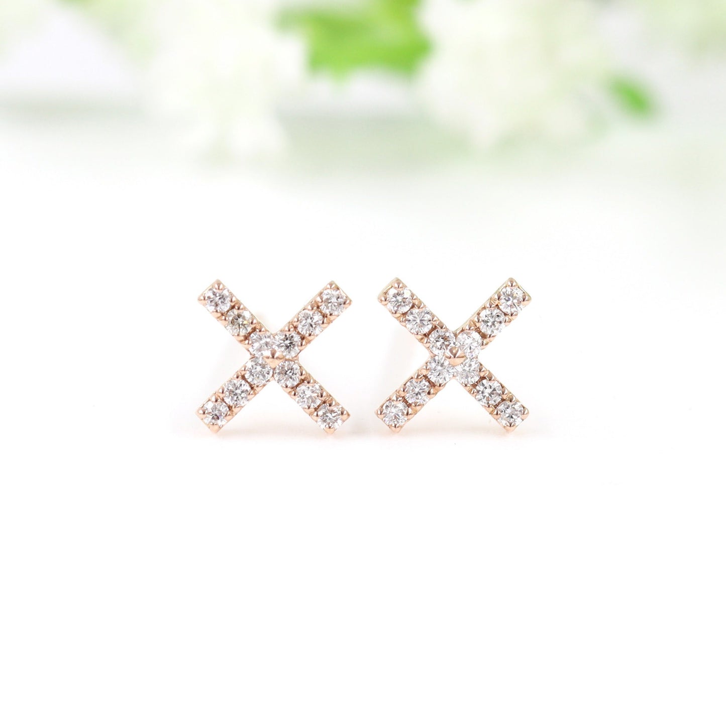 White Diamond X Earrings  / Stud Double X Earrings / 14k Dainty Earrings / Minimalist 100% Natural  Diamonds Earrings / Gifts for her