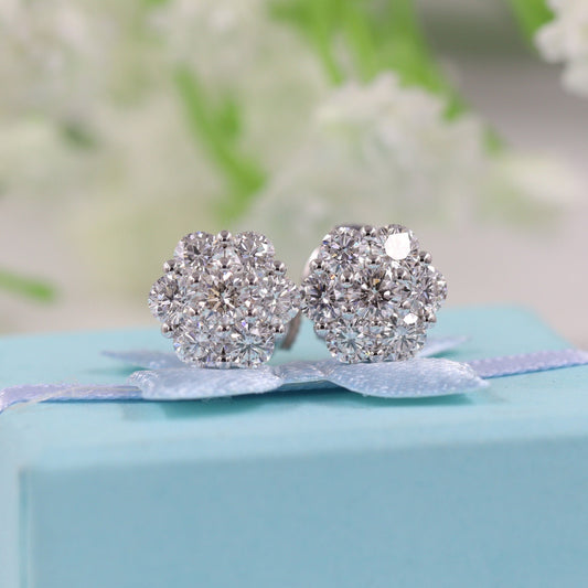 1.6ct Natural Diamond  European lock closure Earrings/14K gold,18K gold 9.2mm Natural Diamond flower Stud Earrings/Anniversary gift