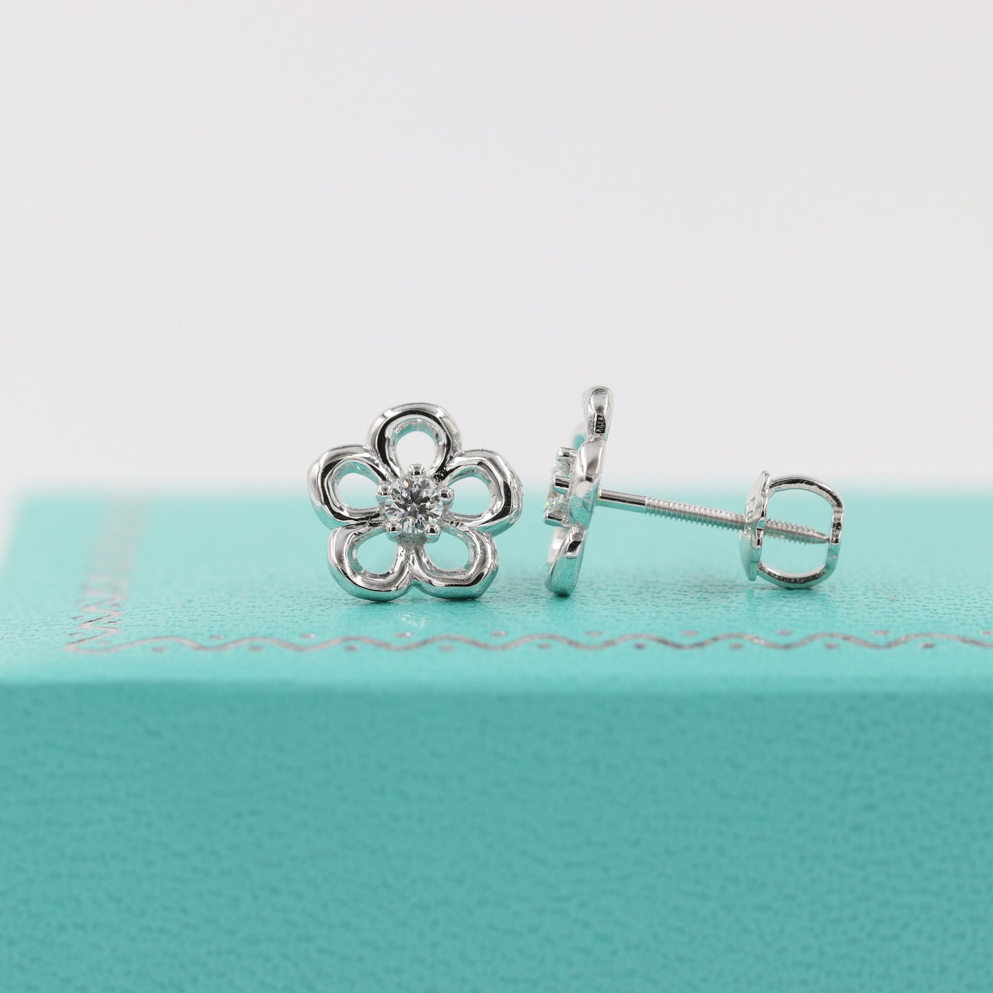 Rose Diamond Earrings/ Total .10ct Flower Push Back Earrings/14K gold Flower Screw Back Earrings/Anniversary gift