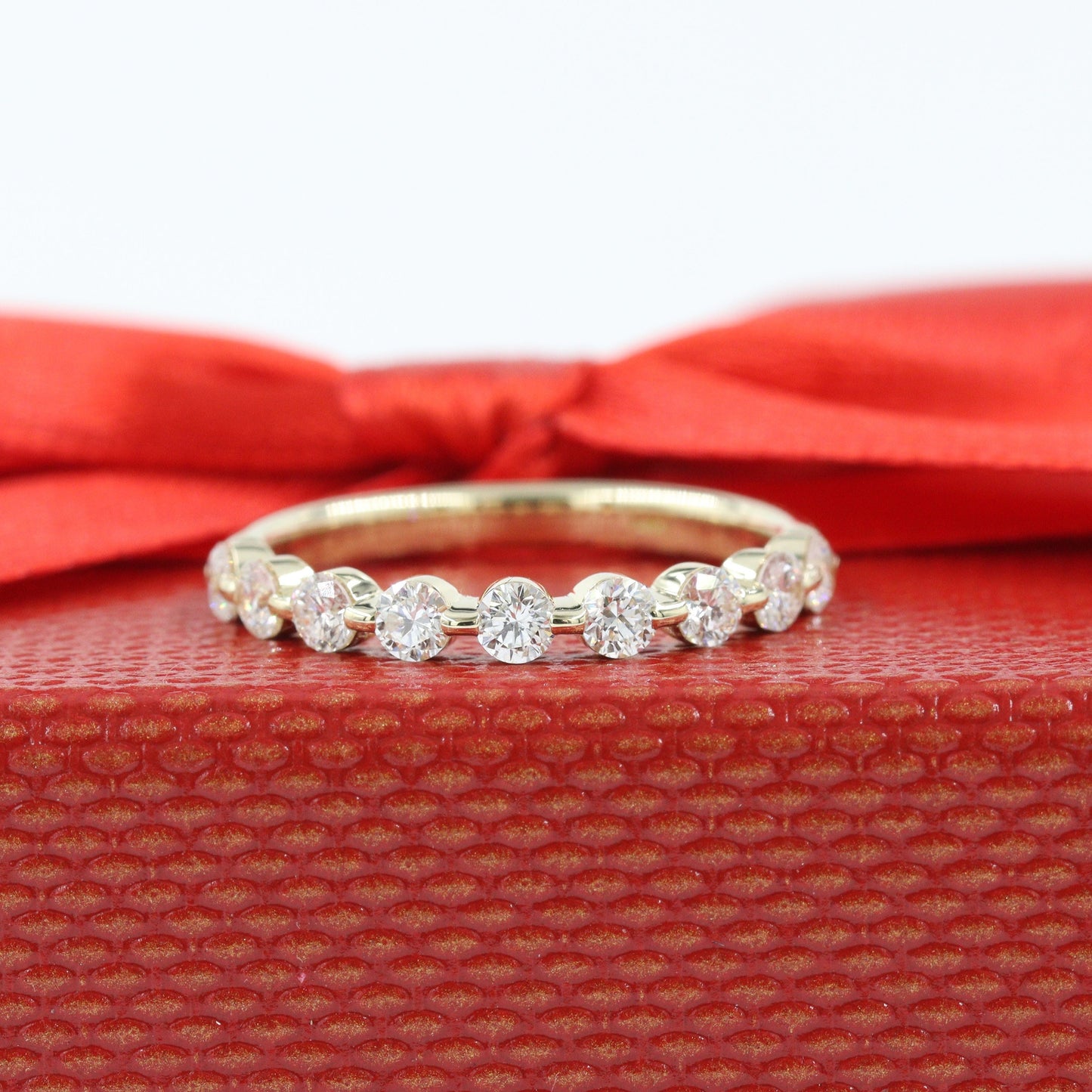 Half Diamond Single Prong Wedding Ring/Single Prong Half Eternity Band/Stackable 9stones Diamond  Wedding Ring/Gift for her/Anniversary Gift