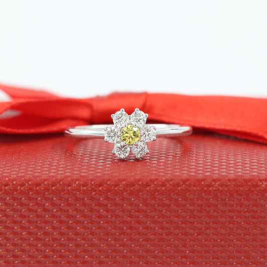 Flower Round Diamond Anniversary Ring /Natural Yellow sapphire, White Diamond flower ring/ Unique Engagement Ring/Anniversary Ring/Girt for her