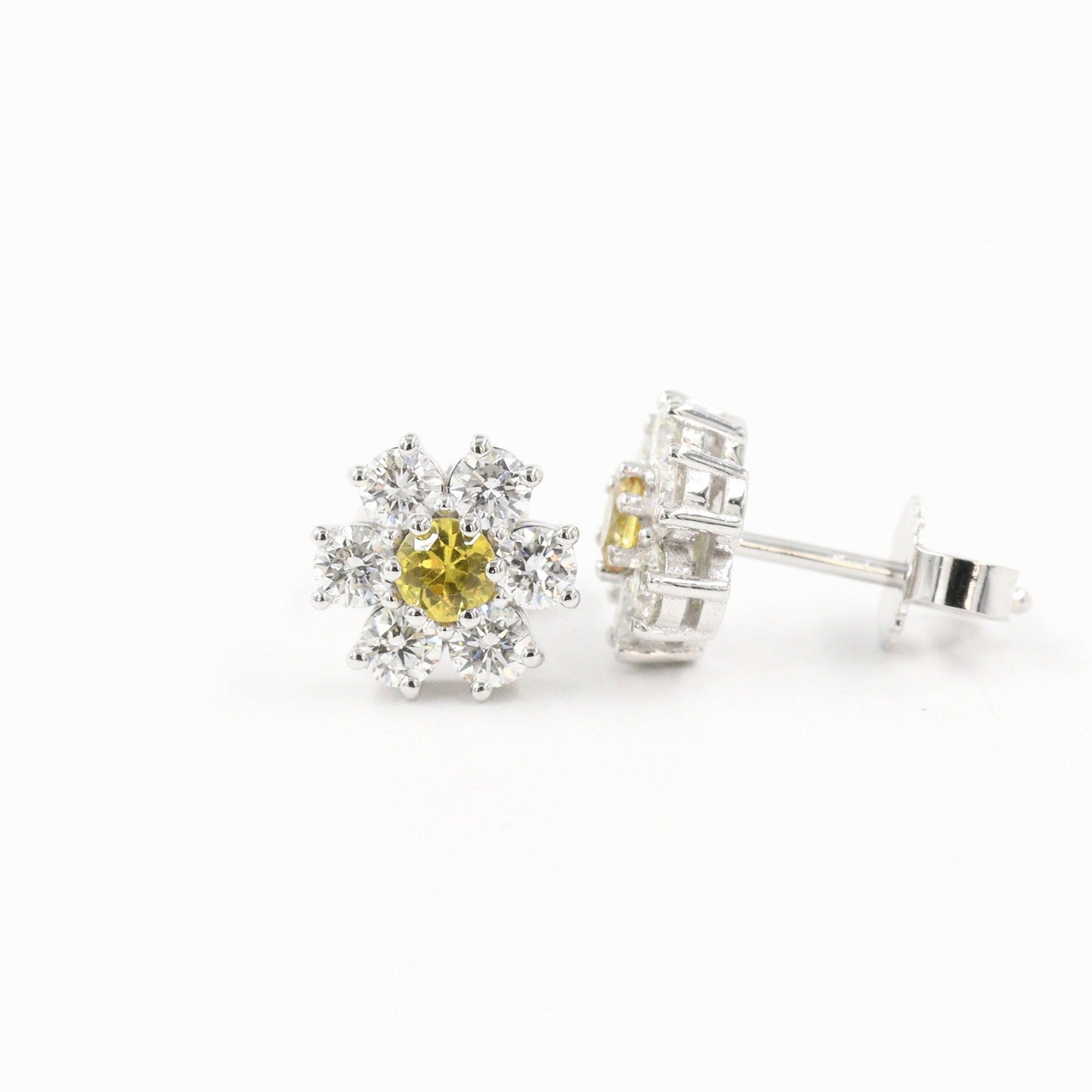 1ct Round Diamond Stud Earring /Natural Yellow sapphire, White Diamond flower Stud Earring / Anniversary gift  Gift for her  Flower Stud Earring