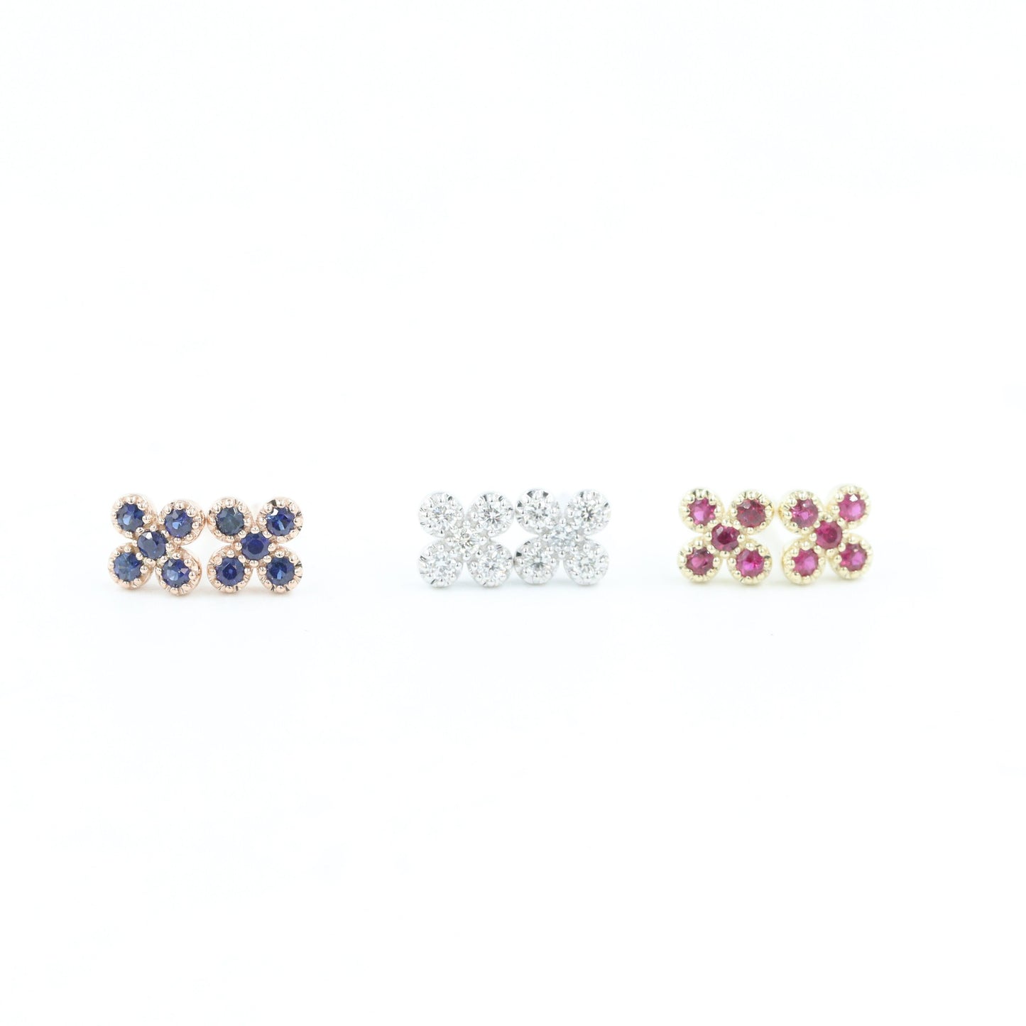 Natural Diamond, Sapphire, Ruby / 14K Gold Flower Stud Earrings / Anniversary gift  Gift for her / Flower Stud Earrings