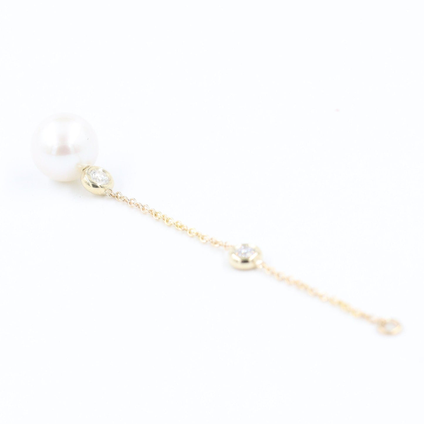 Pearl & Two Diamonds  Drop Chain Jackets (pair)/Diamond Dangle 14K Solid Gold Chain Earring Jackets/Bezel Set Diamond Jacket Earrings