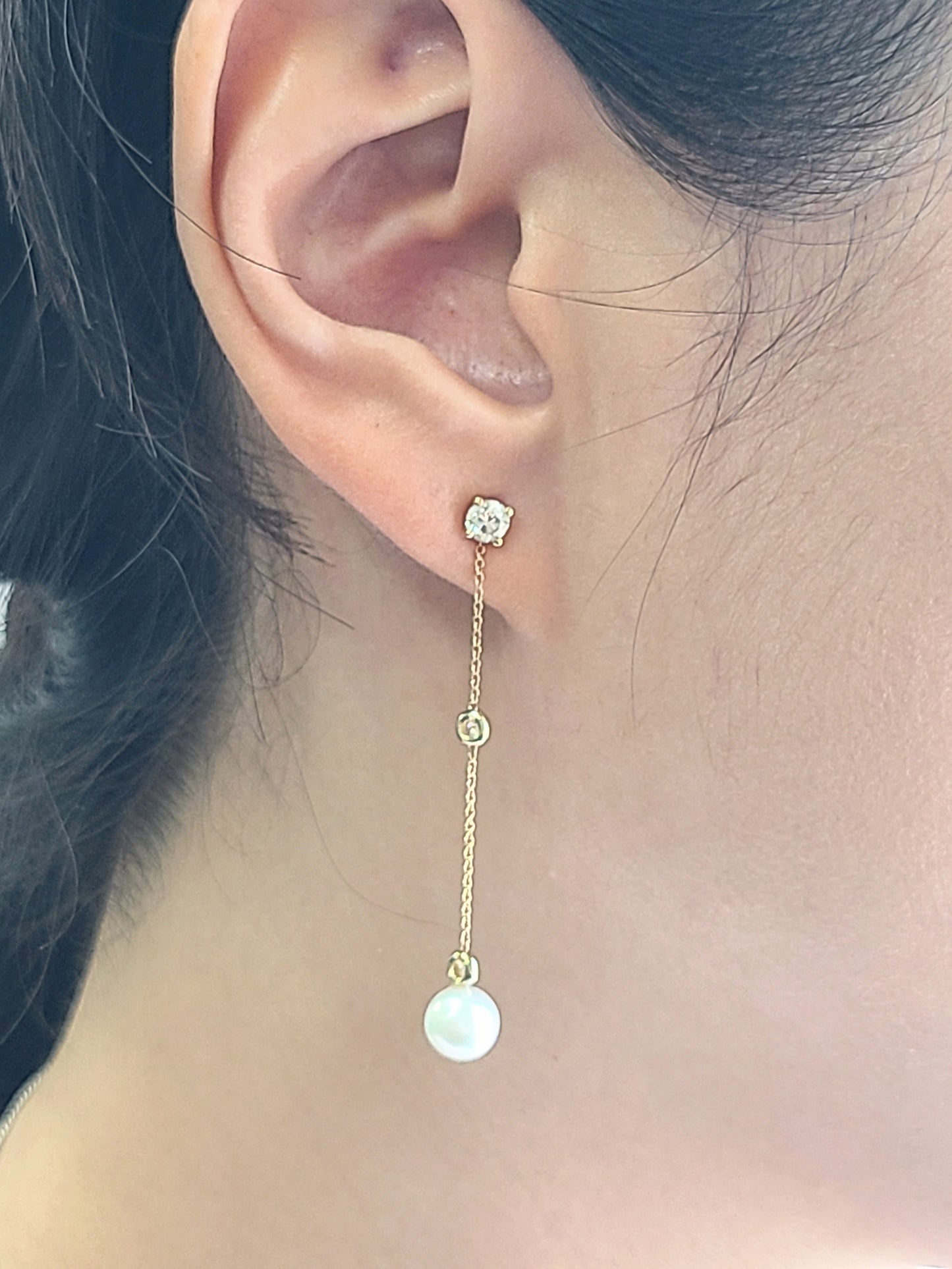 Pearl & Two Diamonds  Drop Chain Jackets (pair)/Diamond Dangle 14K Solid Gold Chain Earring Jackets/Bezel Set Diamond Jacket Earrings